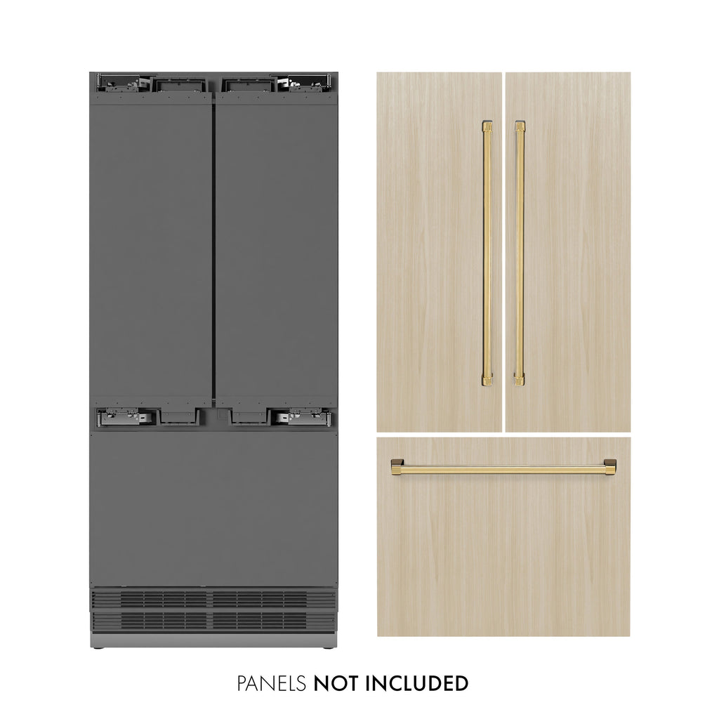 ZLINE 36 in. Panel Ready Built-In French Door Bottom Freezer Refrigerator 19.6 Cu. Ft. with Water Dispenser, Ice Maker, Stainless Steel Interior and Polished Gold Accents (SRBIVZ-36-G)