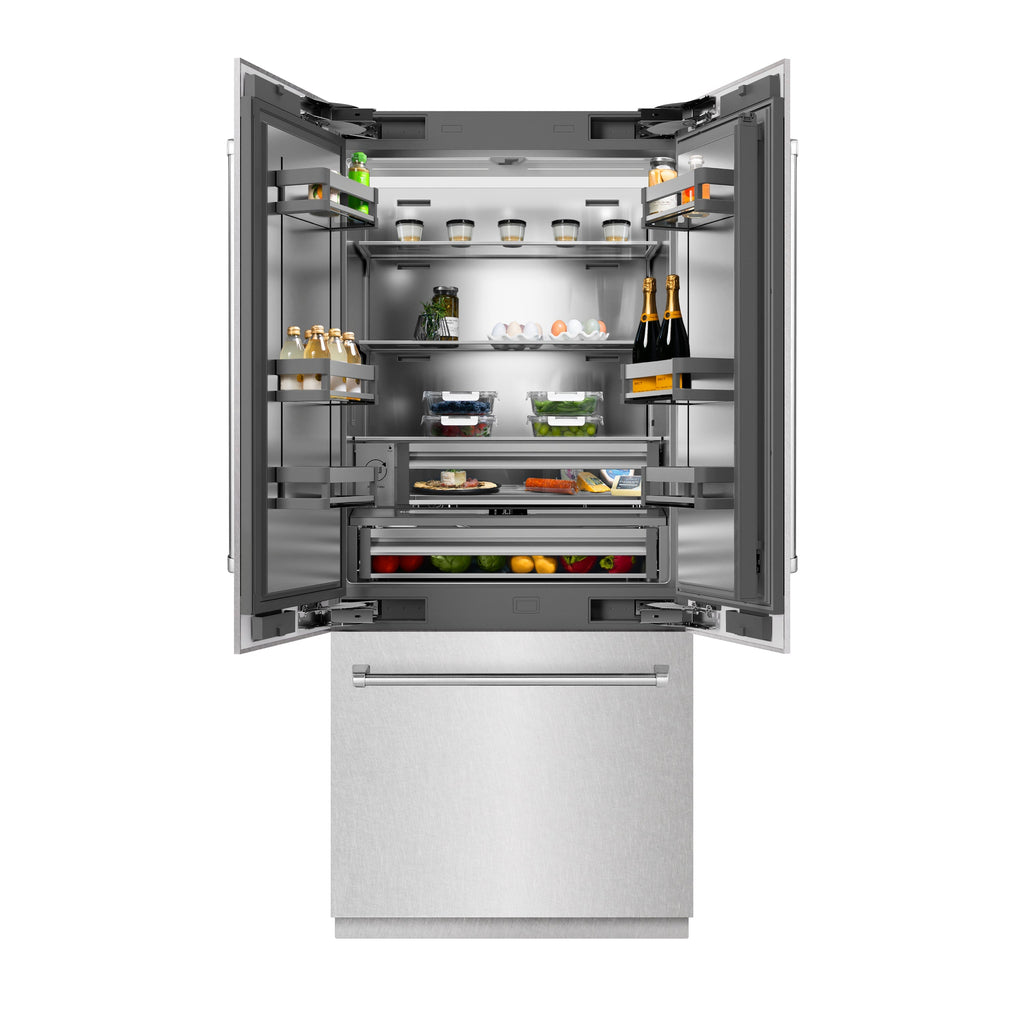 ZLINE 36 in. French Door Built-In Bottom Freezer Refrigerator 19.6 Cu. Ft. Water Dispenser Ice Maker Satin Stainless Steel (SRBIV-SN-36)