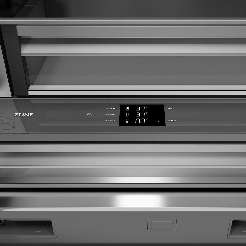 ZLINE 36 in. French Door Built-In Bottom Freezer Refrigerator 19.6 cu. ft. Water Dispenser Ice Maker Satin Stainless Steel Champagne Bronze Accents (SRBIVZ-SN-36-CB)