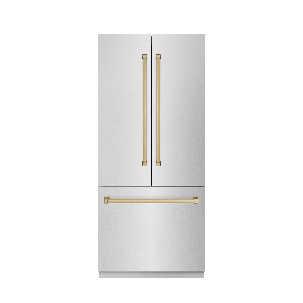 ZLINE 36 in. French Door Built-In Bottom Freezer Refrigerator 19.6 cu. ft. Water Dispenser Ice Maker Satin Stainless Steel Champagne Bronze Accents (SRBIVZ-SN-36-CB)