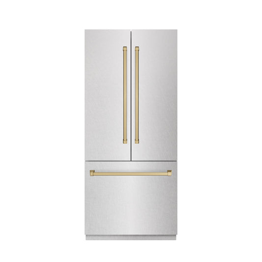 ZLINE 36 in. French Door Built-In Bottom Freezer Refrigerator 19.6 cu. ft. Water Dispenser Ice Maker Satin Stainless Steel Champagne Bronze Accents (SRBIVZ-SN-36-CB)