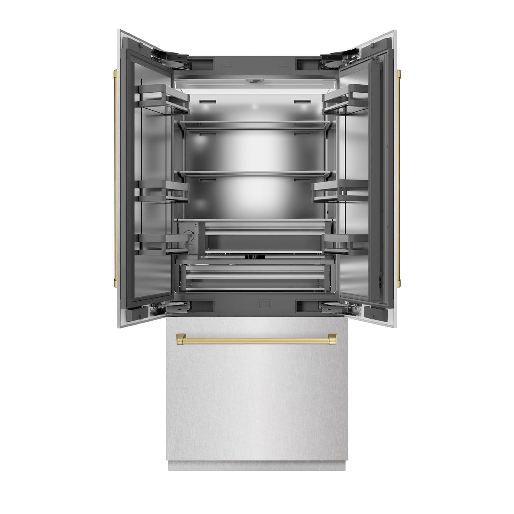 ZLINE 36 in. French Door Built-In Bottom Freezer Refrigerator 19.6 cu. ft. Water Dispenser Ice Maker Satin Stainless Steel Champagne Bronze Accents (SRBIVZ-SN-36-CB)