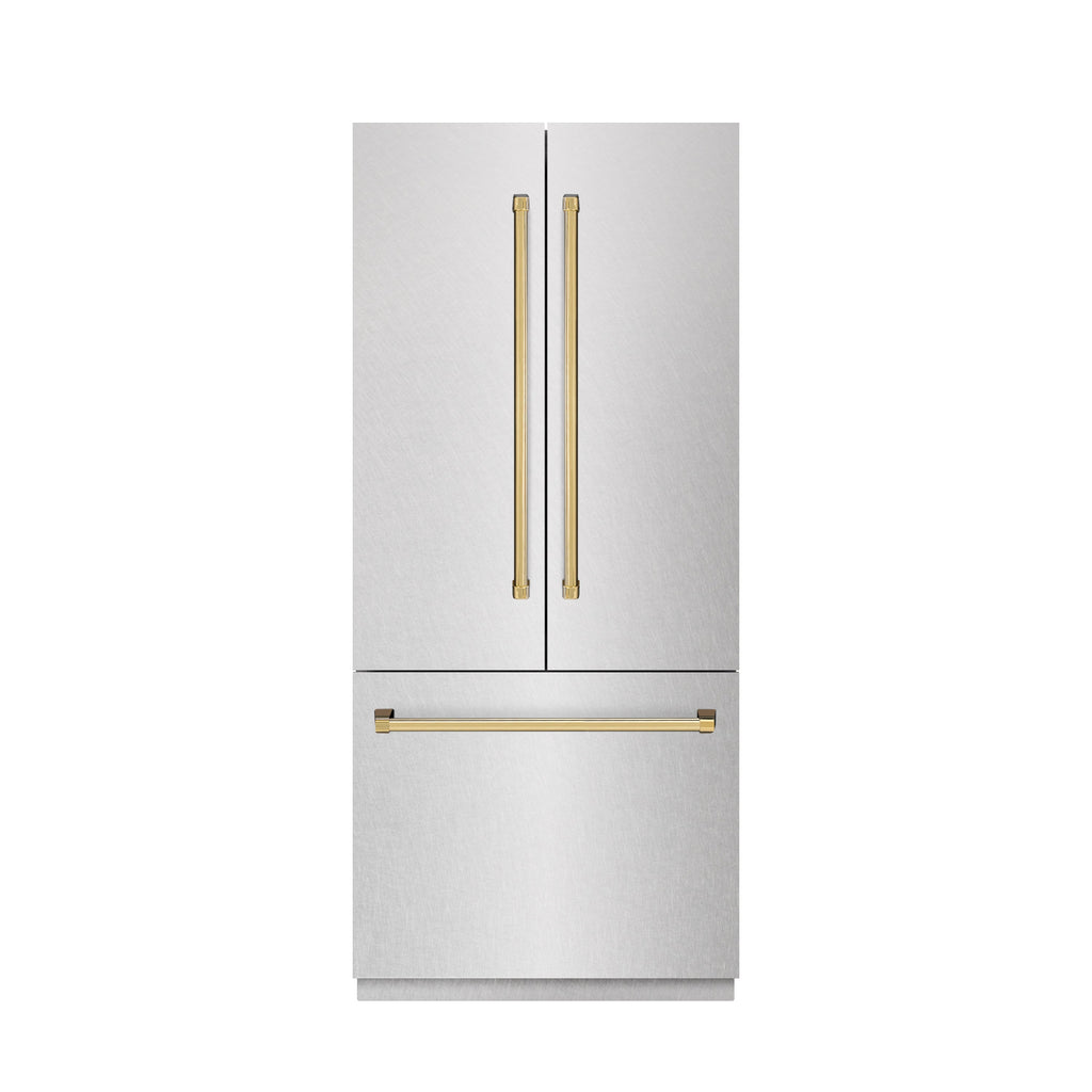 ZLINE 36 in. French Door Built-In Bottom Freezer Refrigerator 19.6 Cu. Ft. Water Dispenser Ice Maker Satin Stainless Steel Polished Gold Accents (SRBIVZ-SN-36-G)