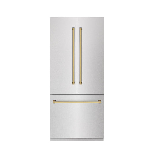 ZLINE 36 in. French Door Built-In Bottom Freezer Refrigerator 19.6 Cu. Ft. Water Dispenser Ice Maker Satin Stainless Steel Polished Gold Accents (SRBIVZ-SN-36-G)