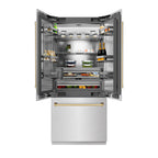 ZLINE 36 in. French Door Built-In Bottom Freezer Refrigerator 19.6 Cu. Ft. Water Dispenser Ice Maker Satin Stainless Steel Polished Gold Accents (SRBIVZ-SN-36-G)