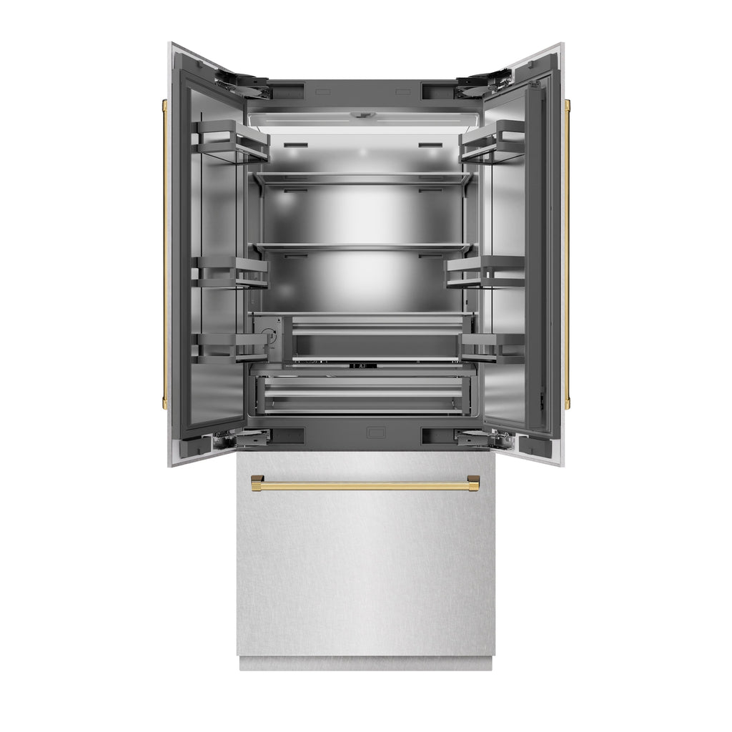 ZLINE 36 in. French Door Built-In Bottom Freezer Refrigerator 19.6 Cu. Ft. Water Dispenser Ice Maker Satin Stainless Steel Polished Gold Accents (SRBIVZ-SN-36-G)