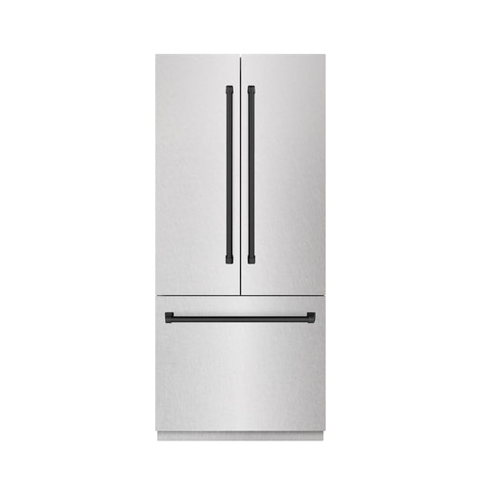 ZLINE 36 in. French Door Built-In Bottom Freezer Refrigerator 19.6 Cu. Ft. Water Dispenser Ice Maker Satin Stainless Steel Stainless Steel Interior Matte Black Accents (SRBIVZ-SN-36-MB)