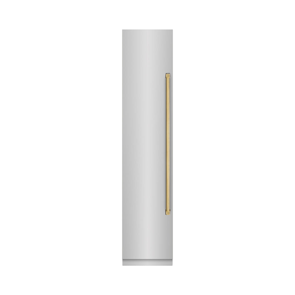 ZLINE Autograph 18" 8.6 cu. ft. Left Hinge Column Freezer in Stainless Steel with Graphite Gray Interior and Polished Gold Accents, RCFVLZ-30418-G