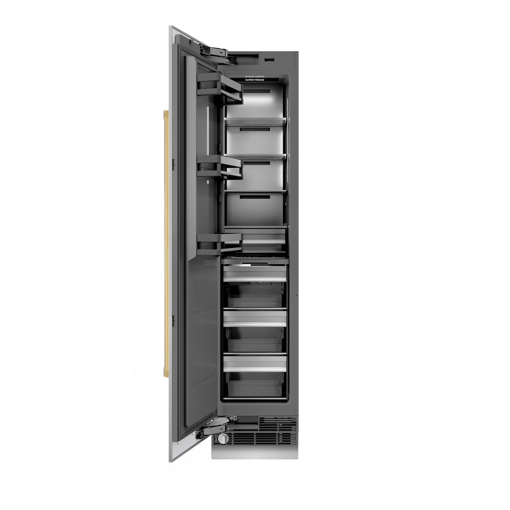 ZLINE Autograph 18" 8.6 cu. ft. Left Hinge Column Freezer in Stainless Steel with Graphite Gray Interior and Polished Gold Accents, RCFVLZ-30418-G