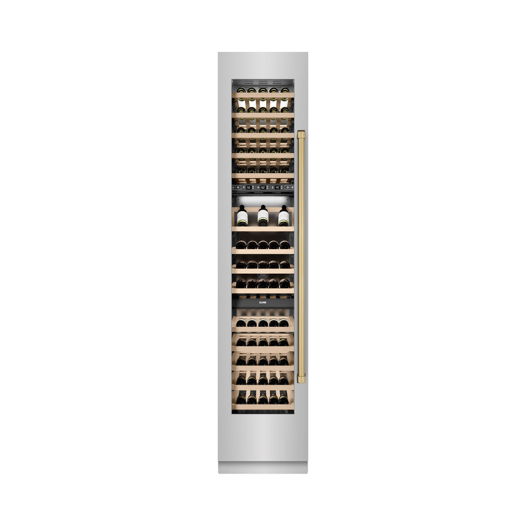 ZLINE Autograph 18" 9.0 cu. ft. Triple Zone 68 Bottle Left Hinge Column Wine Cooler in Stainless Steel with Champagne Bronze Accents, RCWVLZ-30418-CB