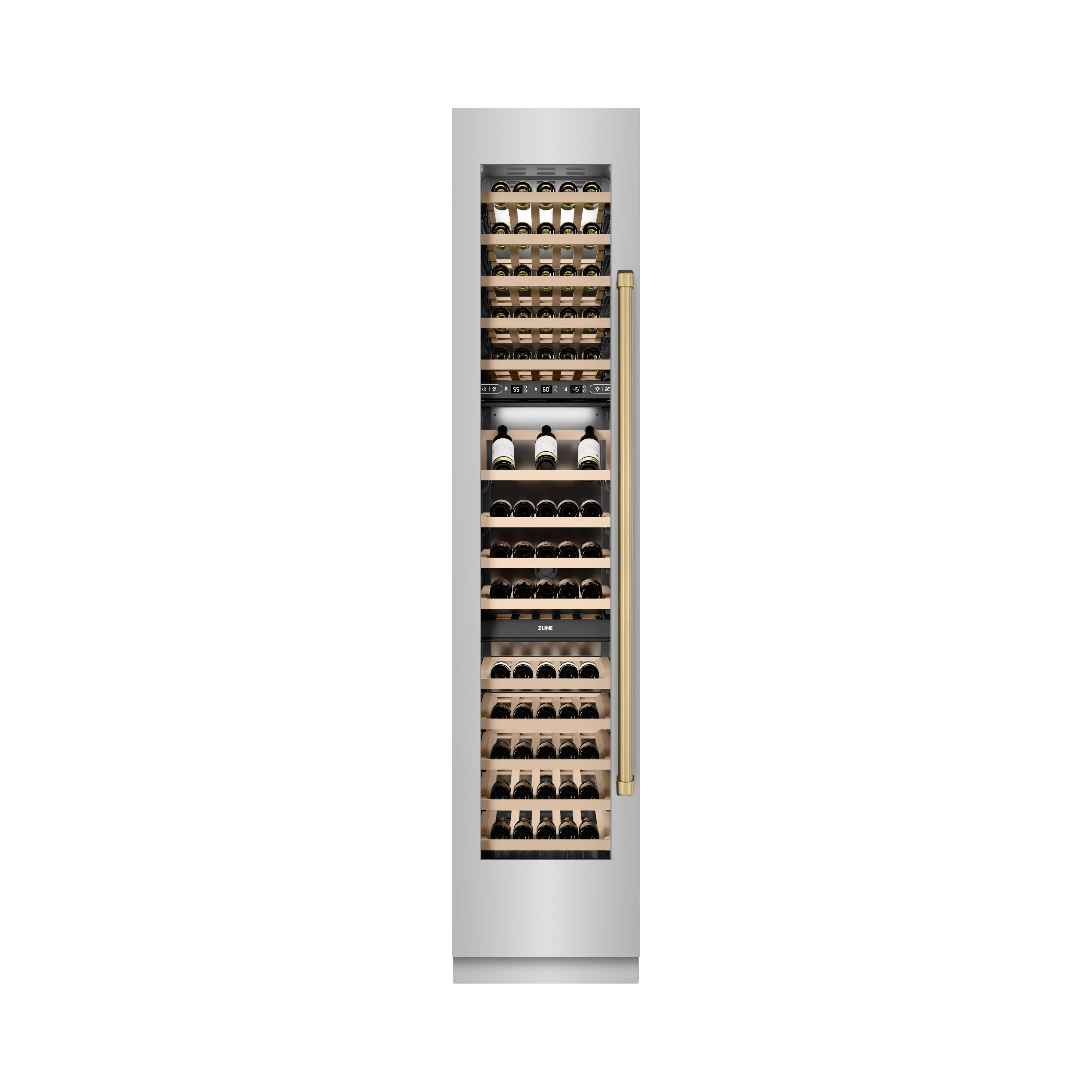 ZLINE Autograph 18" 9.0 cu. ft. Triple Zone 68 Bottle Left Hinge Column Wine Cooler in Stainless Steel with Champagne Bronze Accents, RCWVLZ-30418-CB