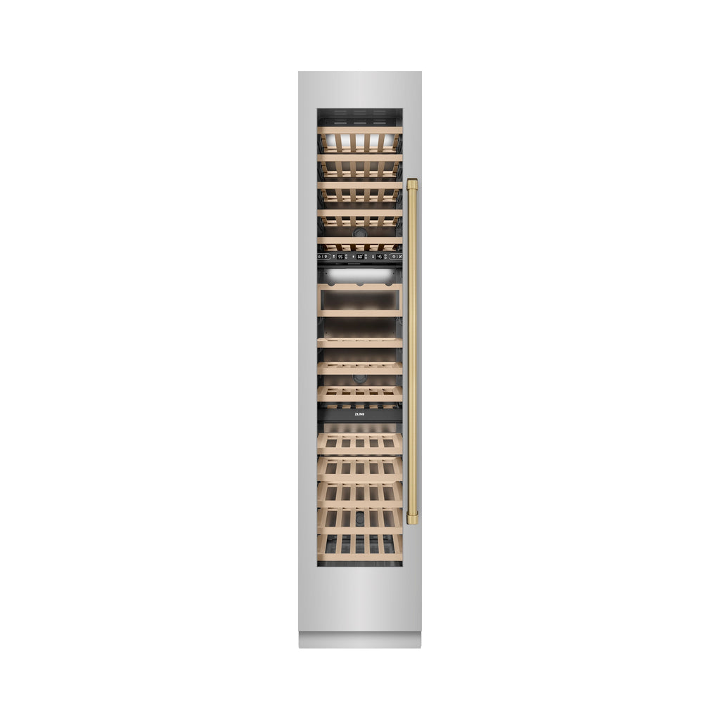 ZLINE Autograph 18" 9.0 cu. ft. Triple Zone 68 Bottle Left Hinge Column Wine Cooler in Stainless Steel with Champagne Bronze Accents, RCWVLZ-30418-CB