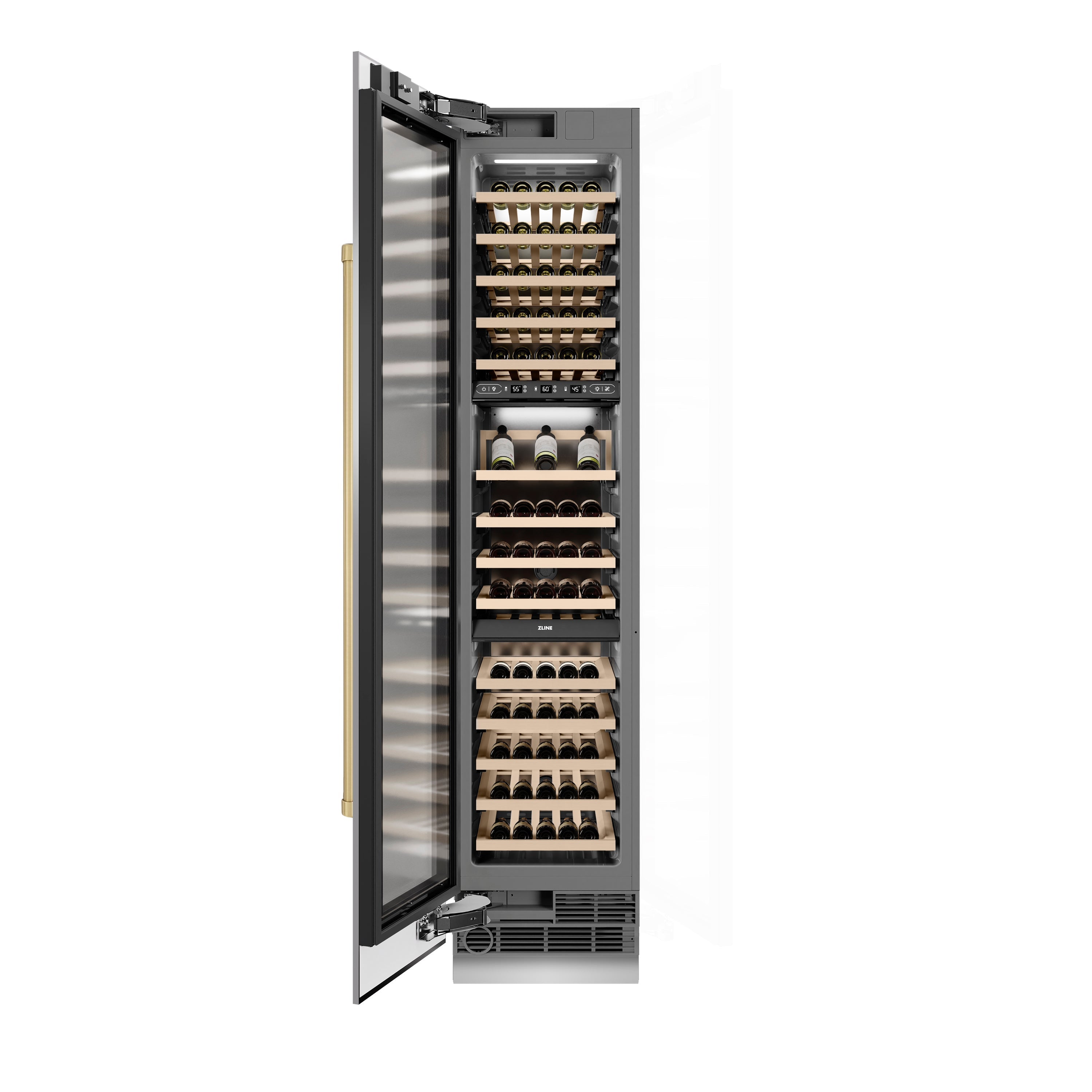 ZLINE Autograph 18" 9.0 cu. ft. Triple Zone 68 Bottle Left Hinge Column Wine Cooler in Stainless Steel with Champagne Bronze Accents, RCWVLZ-30418-CB