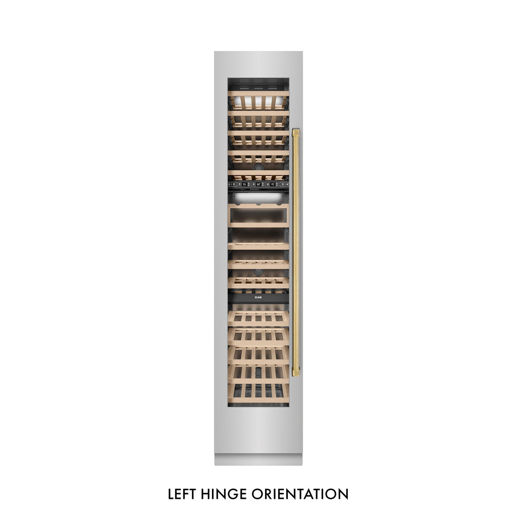 ZLINE Autograph 18" 9.0 cu. ft. Triple Zone 68 Bottle Left Hinge Column Wine Cooler in Stainless Steel with Polished Gold Accents, RCWVLZ-30418-G