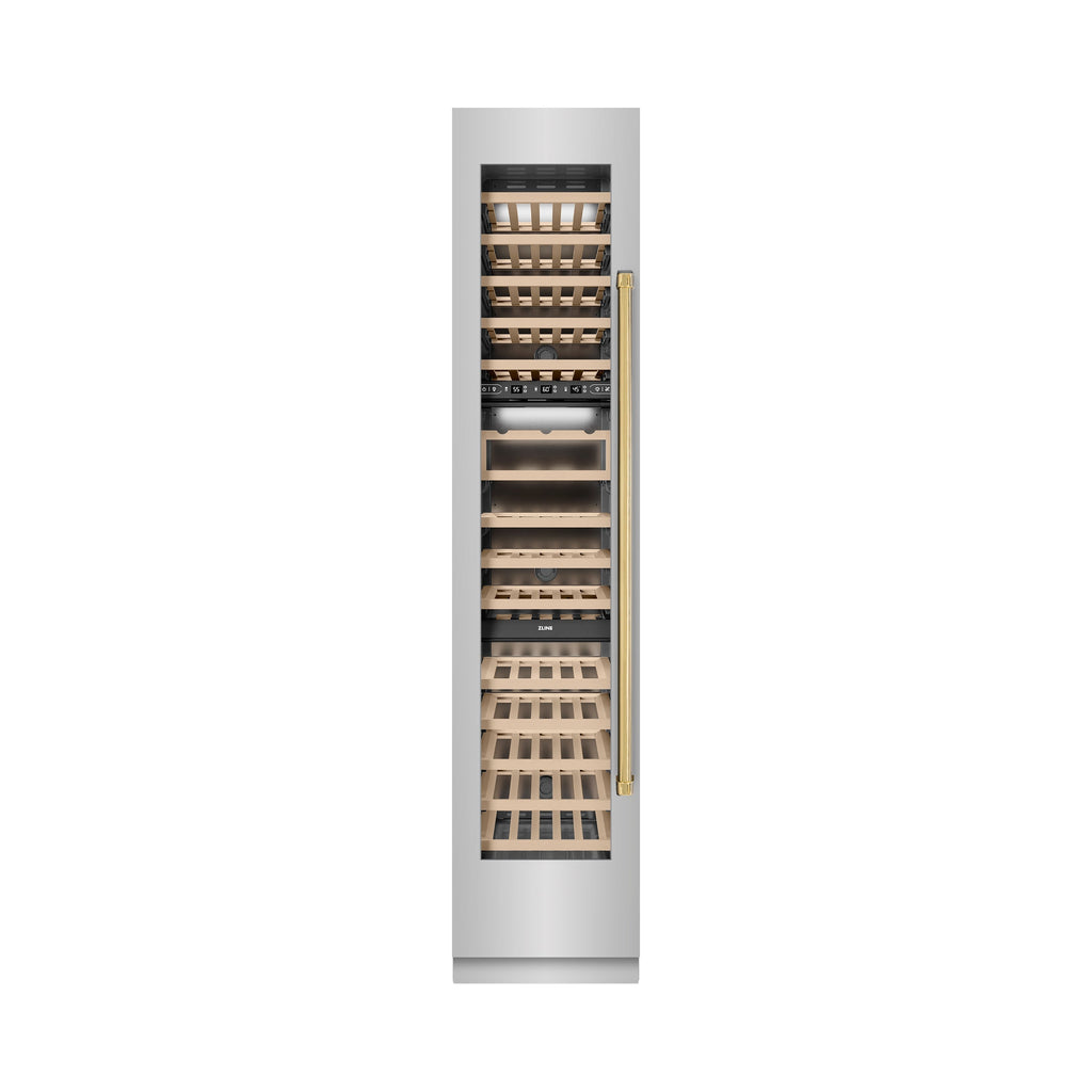 ZLINE Autograph 18" 9.0 cu. ft. Triple Zone 68 Bottle Left Hinge Column Wine Cooler in Stainless Steel with Polished Gold Accents, RCWVLZ-30418-G