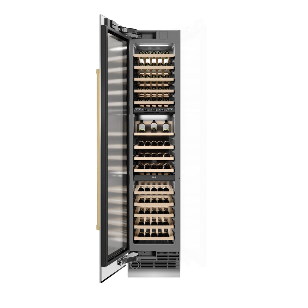 ZLINE Autograph 18" 9.0 cu. ft. Triple Zone 68 Bottle Left Hinge Column Wine Cooler in Stainless Steel with Polished Gold Accents, RCWVLZ-30418-G