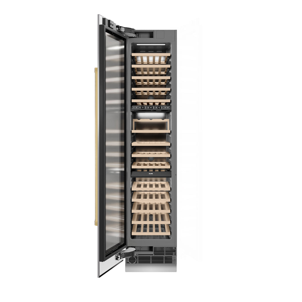 ZLINE Autograph 18" 9.0 cu. ft. Triple Zone 68 Bottle Left Hinge Column Wine Cooler in Stainless Steel with Polished Gold Accents, RCWVLZ-30418-G