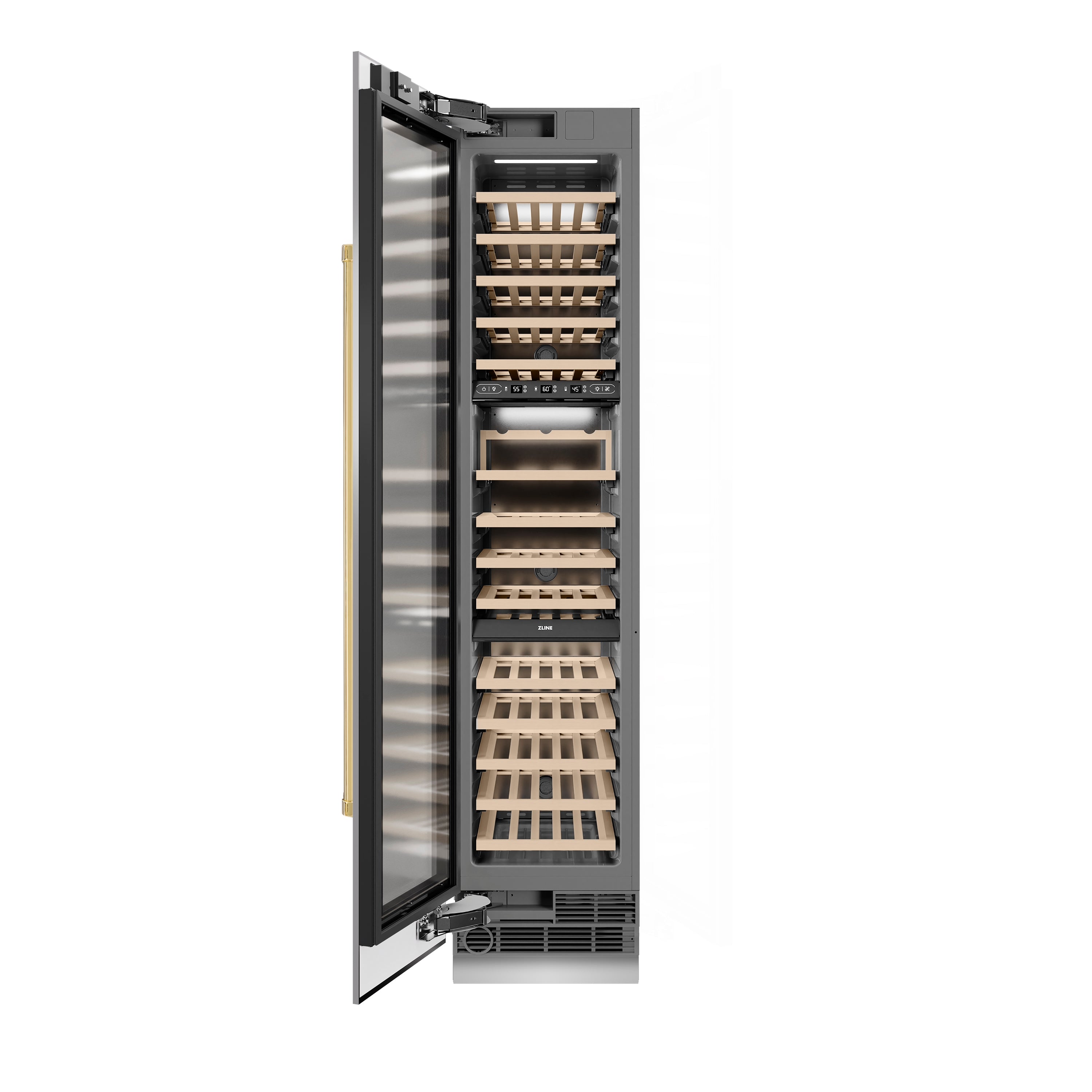 ZLINE Autograph 18" 9.0 cu. ft. Triple Zone 68 Bottle Left Hinge Column Wine Cooler in Stainless Steel with Polished Gold Accents, RCWVLZ-30418-G