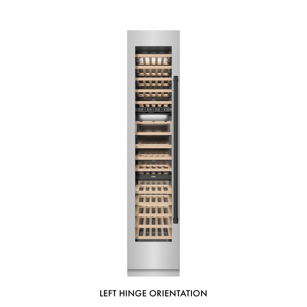 ZLINE Autograph 18" 9.0 cu. ft. Triple Zone 68 Bottle Left Hinge Column Wine Cooler in Stainless Steel with Matte Black Accents, RCWVLZ-30418-MB