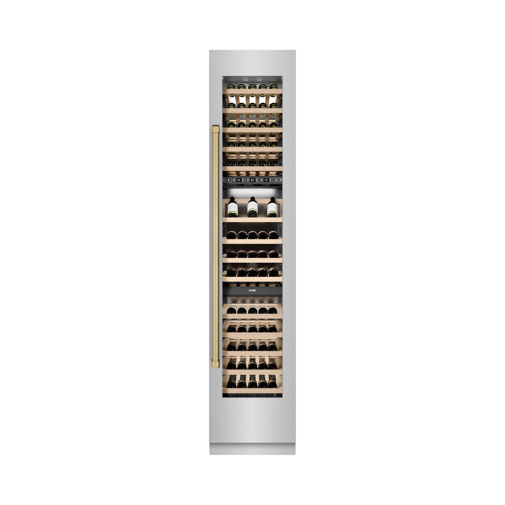 ZLINE Autograph 18" 9.0 cu. ft. Triple Zone 68 Bottle Right Hinge Column Wine Cooler in Stainless Steel with Champagne Bronze Accents, RCWVRZ-30418-CB