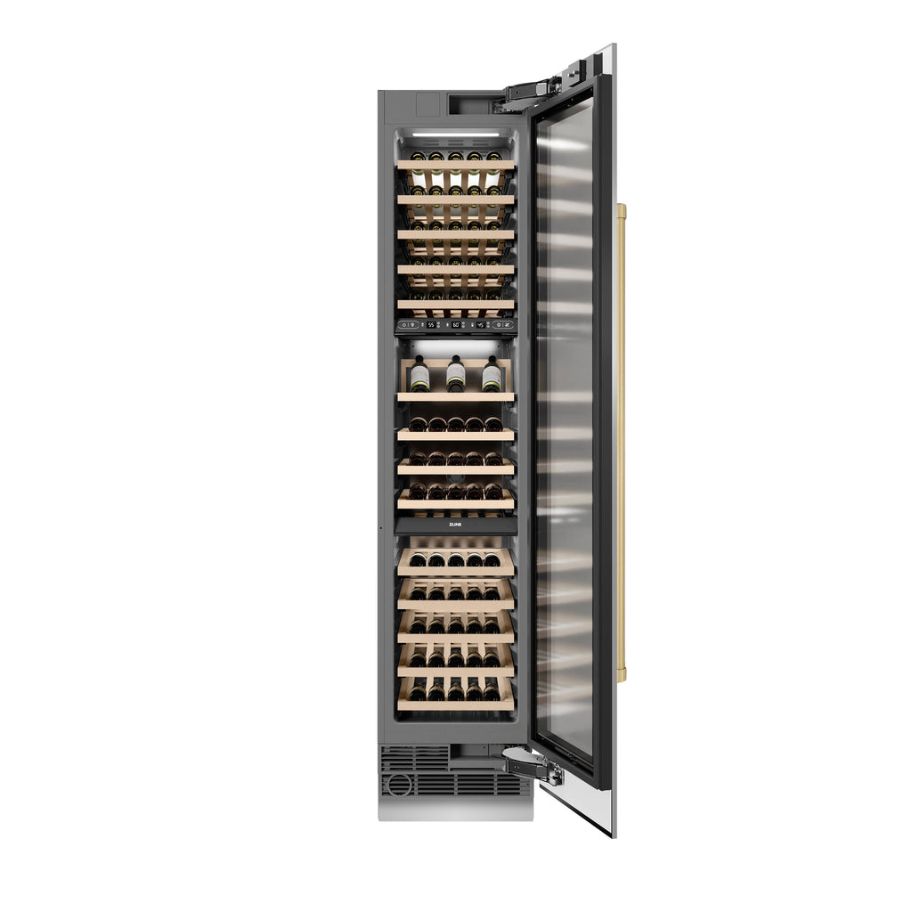 ZLINE Autograph 18" 9.0 cu. ft. Triple Zone 68 Bottle Right Hinge Column Wine Cooler in Stainless Steel with Champagne Bronze Accents, RCWVRZ-30418-CB