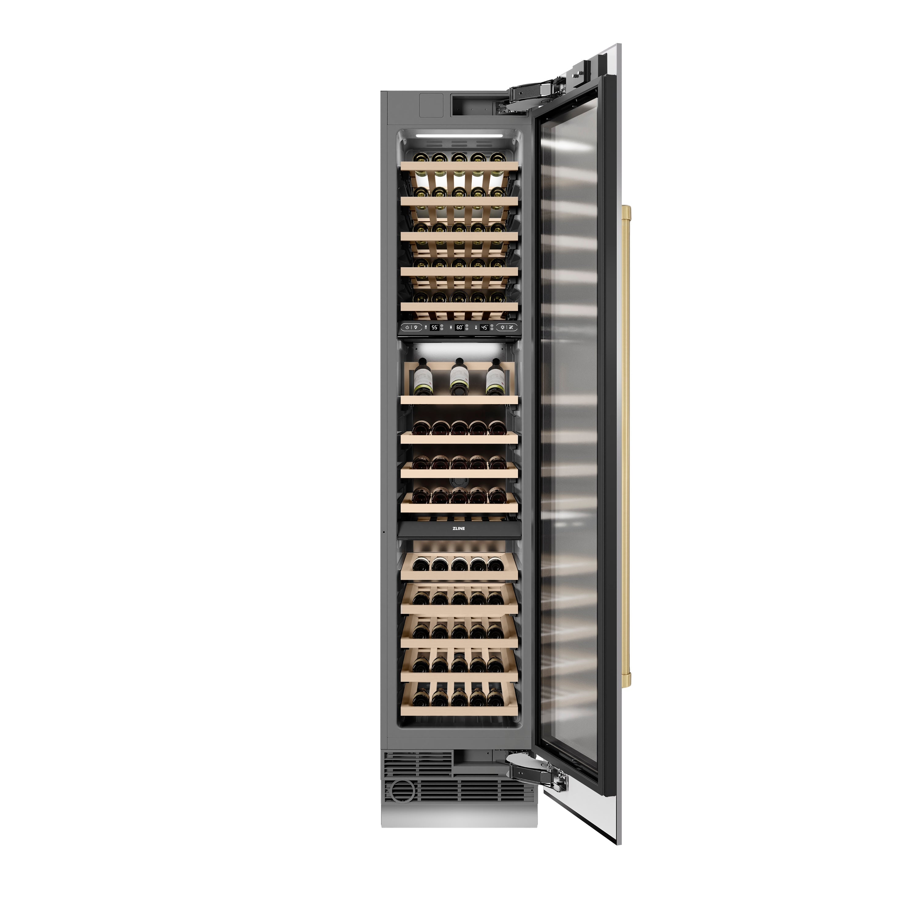 ZLINE Autograph 18" 9.0 cu. ft. Triple Zone 68 Bottle Right Hinge Column Wine Cooler in Stainless Steel with Champagne Bronze Accents, RCWVRZ-30418-CB