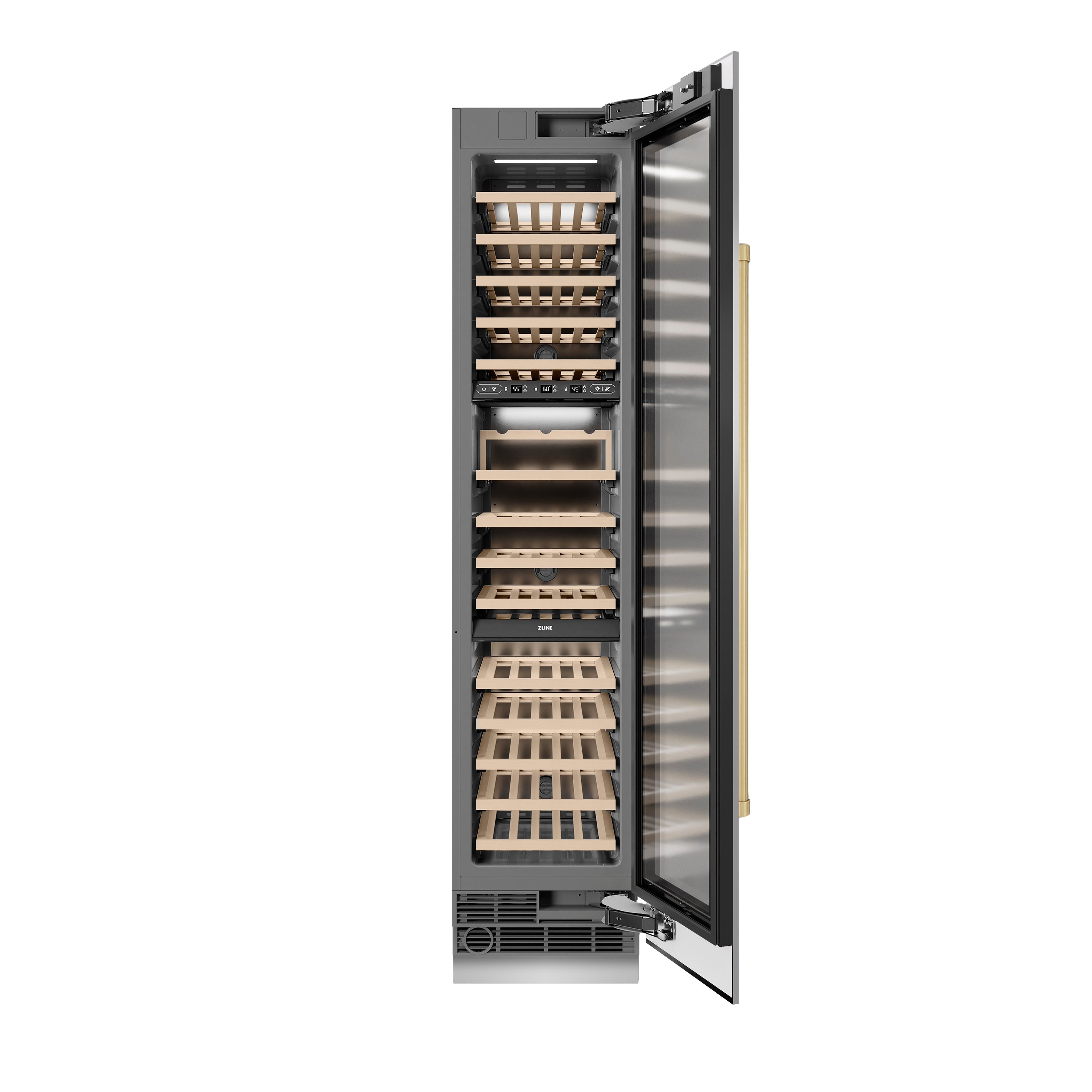 ZLINE Autograph 18" 9.0 cu. ft. Triple Zone 68 Bottle Right Hinge Column Wine Cooler in Stainless Steel with Champagne Bronze Accents, RCWVRZ-30418-CB