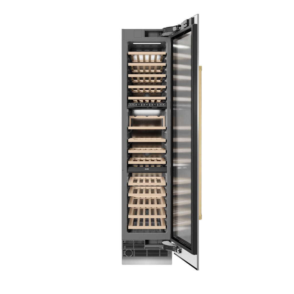 ZLINE Autograph 18" 9.0 cu. ft. Triple Zone 68 Bottle Right Hinge Column Wine Cooler in Stainless Steel with Polished Gold Accents, RCWVRZ-30418-G