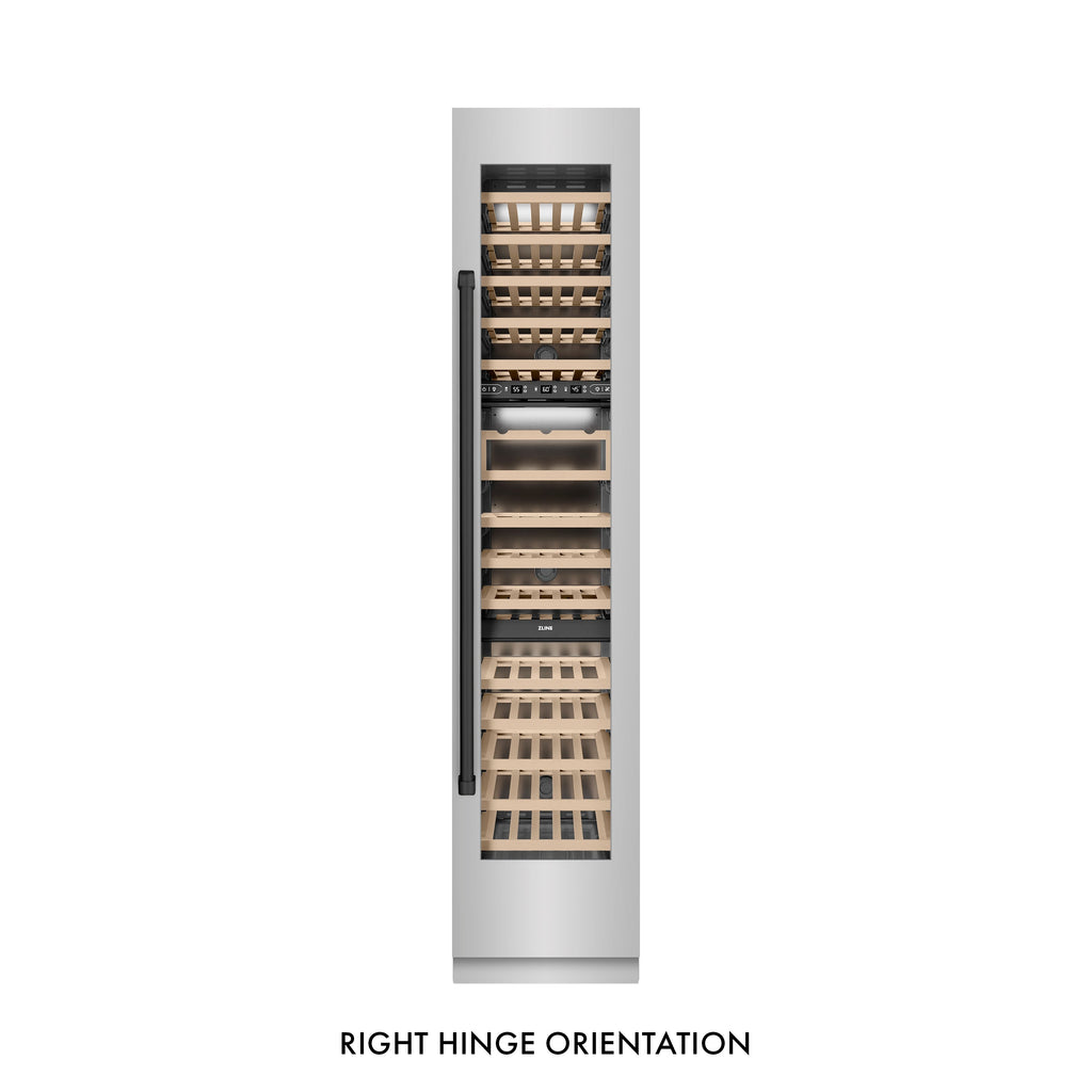 ZLINE Autograph 18" 9.0 cu. ft. Triple Zone 68 Bottle Right Hinge Column Wine Cooler in Stainless Steel with Matte Black Accents, RCWVRZ-30418-MB
