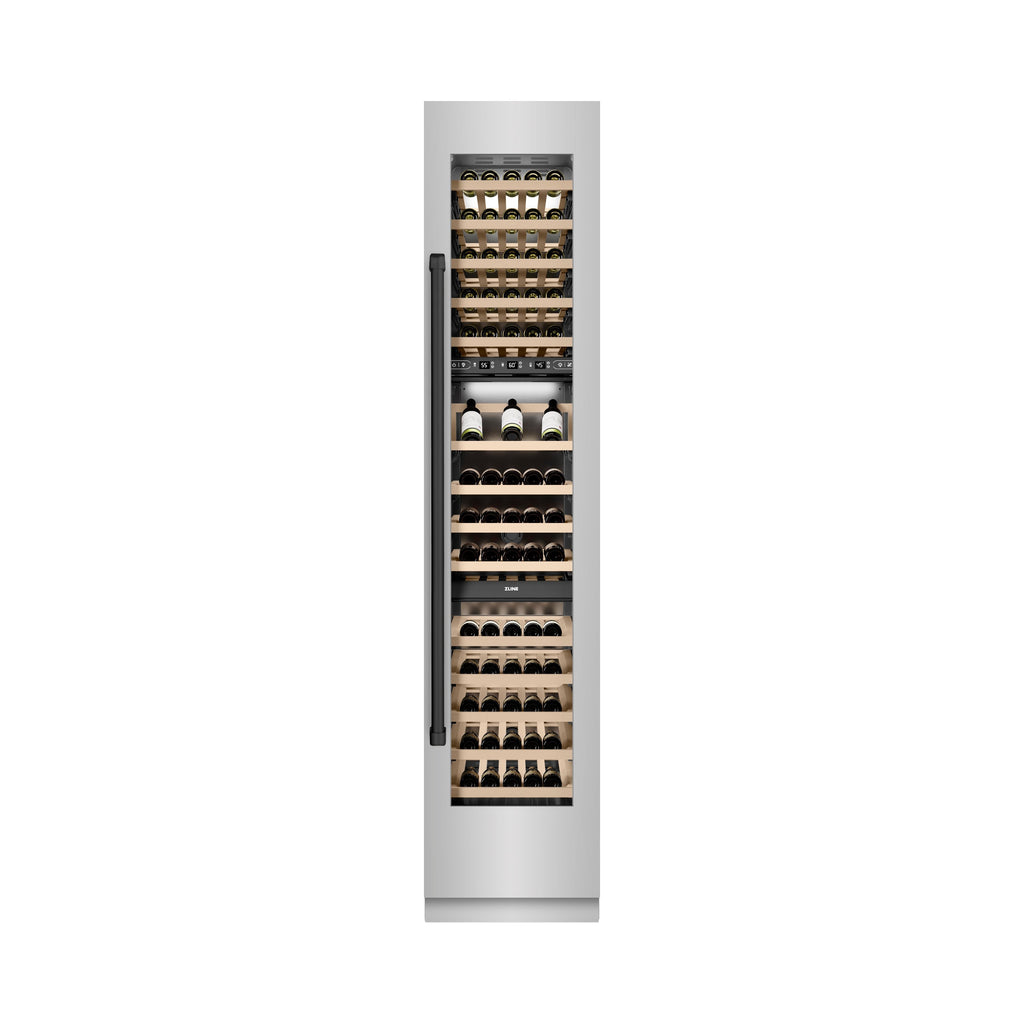 ZLINE Autograph 18" 9.0 cu. ft. Triple Zone 68 Bottle Right Hinge Column Wine Cooler in Stainless Steel with Matte Black Accents, RCWVRZ-30418-MB