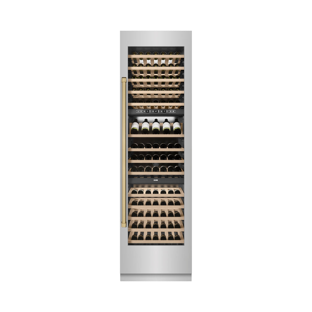ZLINE Autograph 24" 12.4 cu. ft. Triple Zone 100 Bottle Column Wine Cooler in Stainless Steel and Champagne Bronze Accents, RCWVZ-304-24-CB