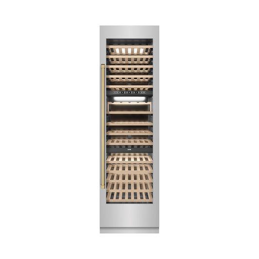 ZLINE Autograph 24" 12.4 cu. ft. Triple Zone 100 Bottle Column Wine Cooler in Stainless Steel and Champagne Bronze Accents, RCWVZ-304-24-CB