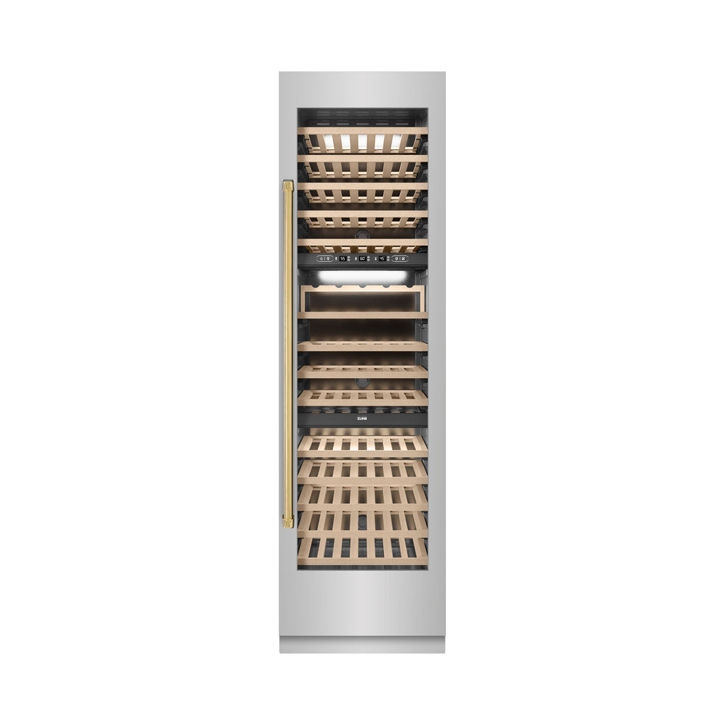 ZLINE Autograph 24" 12.4 cu. ft. Triple Zone 100 Bottle Column Wine Cooler in Stainless Steel and Polished Gold Accents, RCWVZ-304-24-G