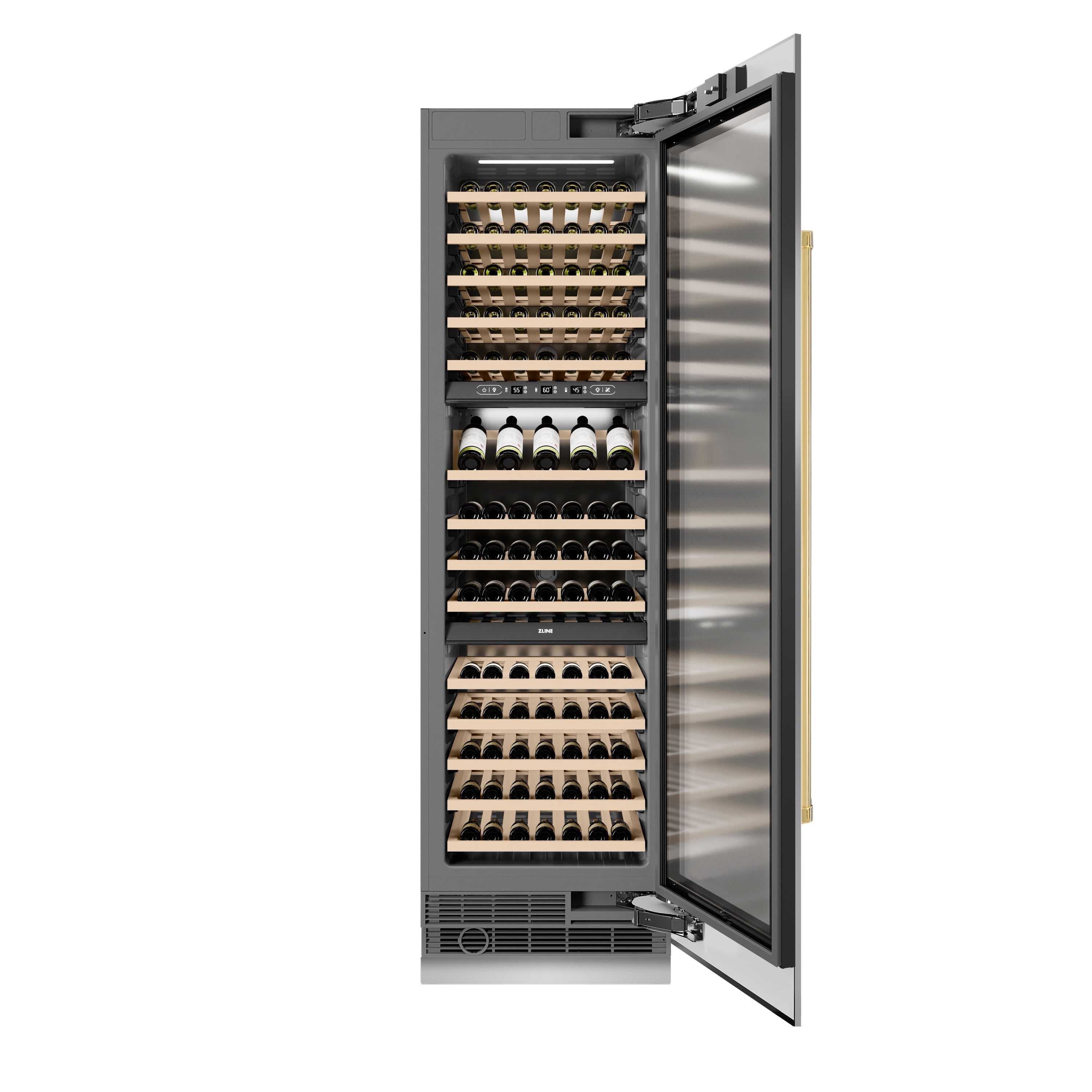 ZLINE Autograph 24" 12.4 cu. ft. Triple Zone 100 Bottle Column Wine Cooler in Stainless Steel and Polished Gold Accents, RCWVZ-304-24-G