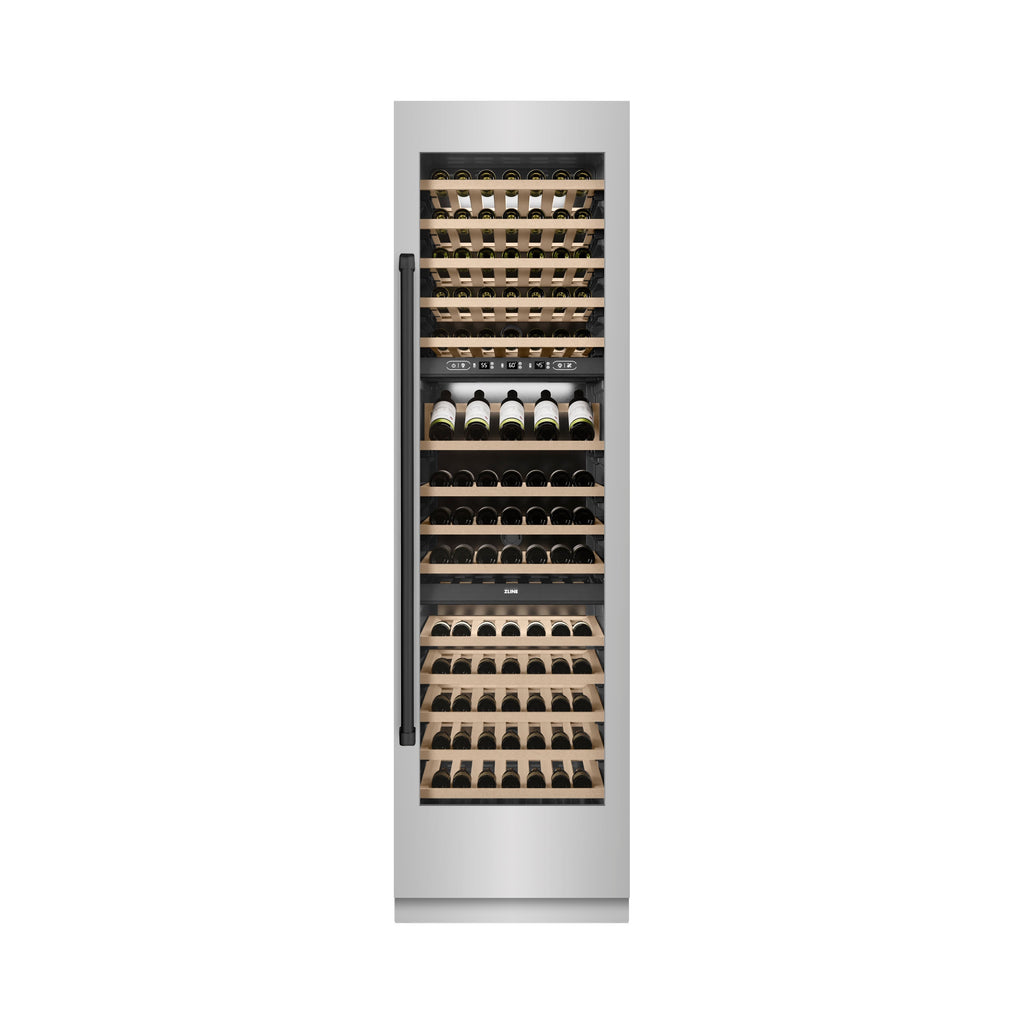 ZLINE Autograph 24" 12.4 cu. ft. Triple Zone 100 Bottle Column Wine Cooler in Stainless Steel and Matte Black Accents, RCWVZ-304-24-MB