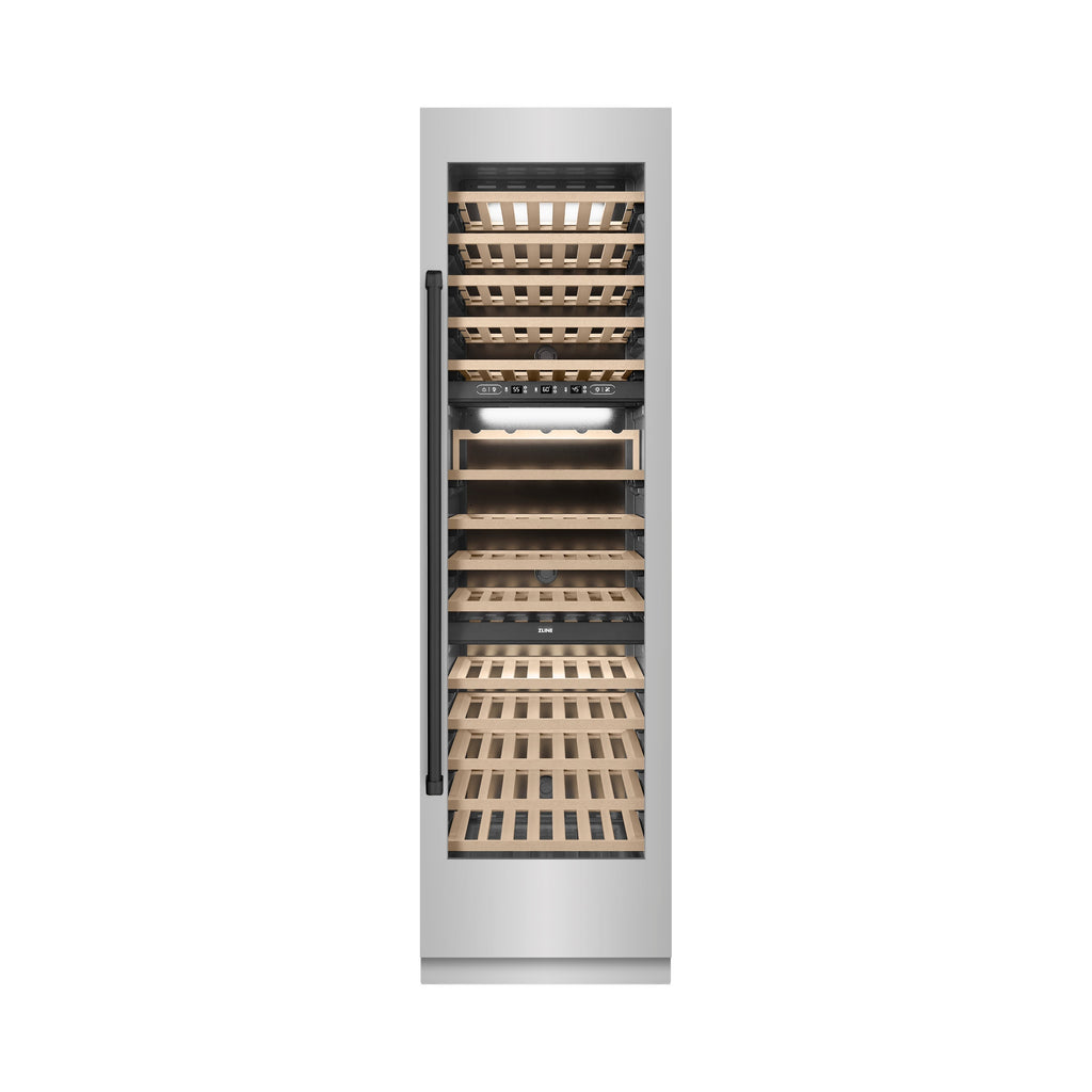 ZLINE Autograph 24" 12.4 cu. ft. Triple Zone 100 Bottle Column Wine Cooler in Stainless Steel and Matte Black Accents, RCWVZ-304-24-MB