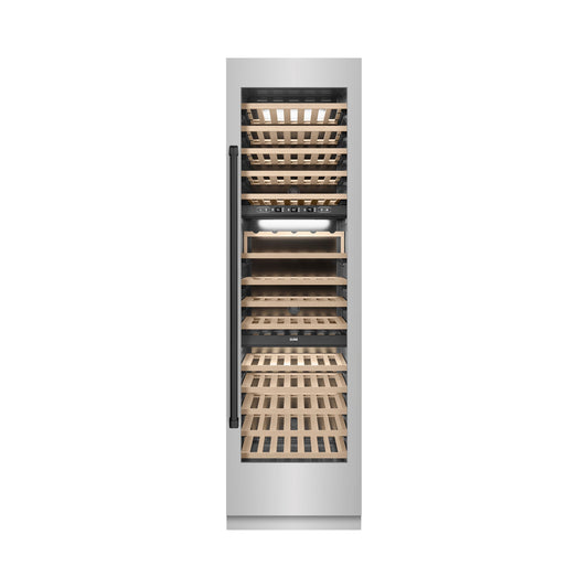 ZLINE Autograph 24" 12.4 cu. ft. Triple Zone 100 Bottle Column Wine Cooler in Stainless Steel and Matte Black Accents, RCWVZ-304-24-MB