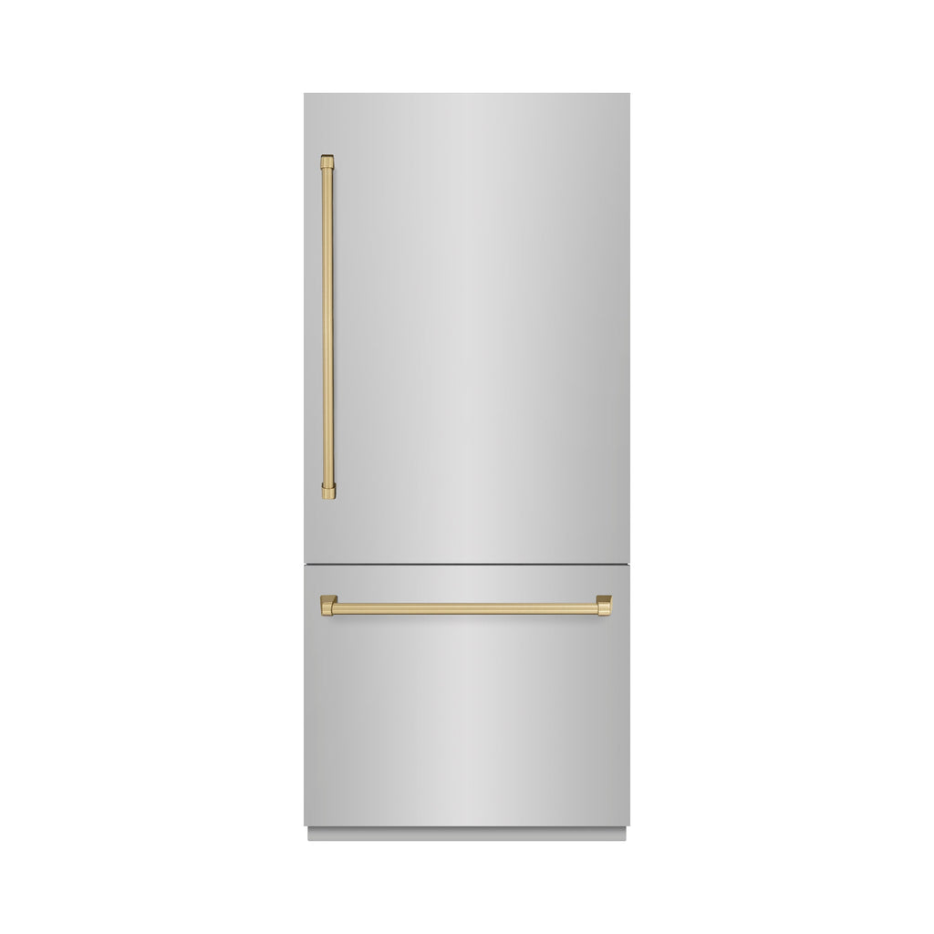 ZLINE 36 in Built-In Bottom Freezer Refrigerator 19.8 cu. ft. Water Dispenser Ice Maker Stainless Steel Champagne Bronze Accents (GRBITZ-304-36CB)