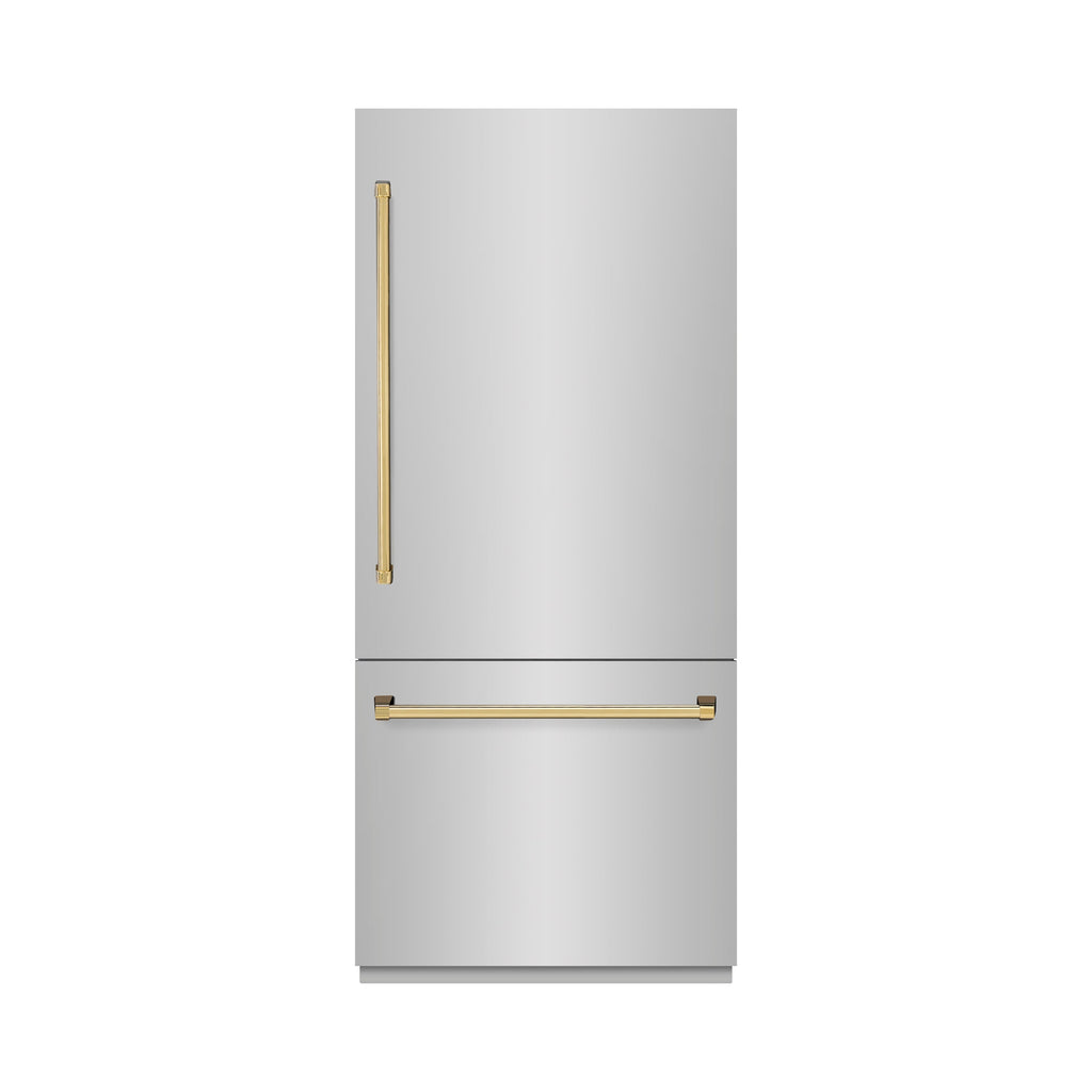 ZLINE 36 in. Built-In Bottom Freezer Refrigerator 19.8 Cu. Ft. Water Dispenser Ice Maker Polished Gold Accents (GRBITZ-304-36G)