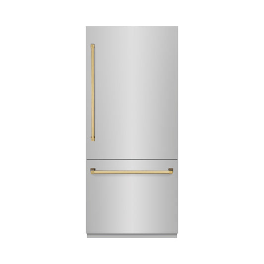 ZLINE 36 in. Built-In Bottom Freezer Refrigerator 19.8 Cu. Ft. Water Dispenser Ice Maker Polished Gold Accents (GRBITZ-304-36G)