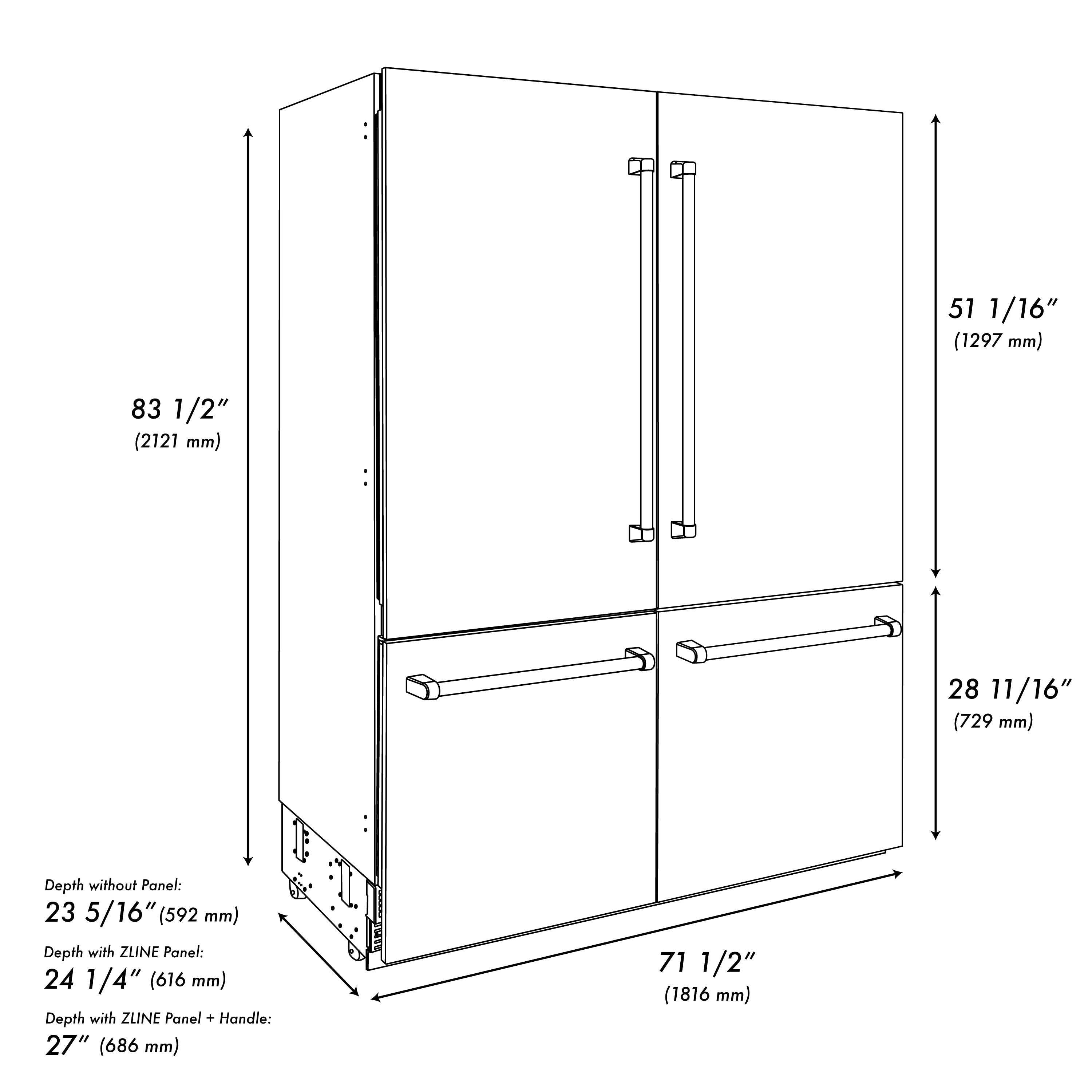 ZLINE 72 in. French Door Built-In Bottom Freezer Refrigerator 39.6 Cu. Ft. Water Dispensers Ice Makers Stainless Steel Graphite Gray Interior Champagne Bronze Accents (GRBITZ-304-72CB)