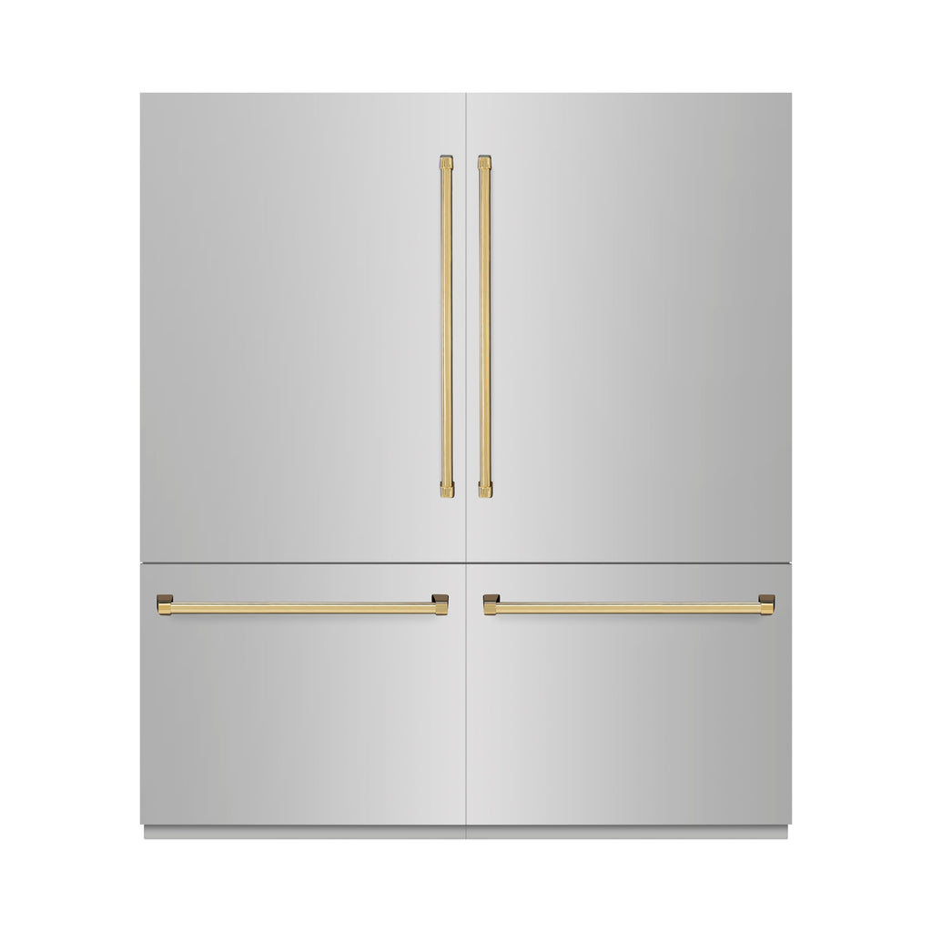 ZLINE 72 in. French Door Built-In Bottom Freezer Refrigerator 39.6 Cu. Ft. Stainless Steel Graphite Gray Interior Water Dispensers Ice Makers Polished Gold Accents (GRBITZ-304-72G)