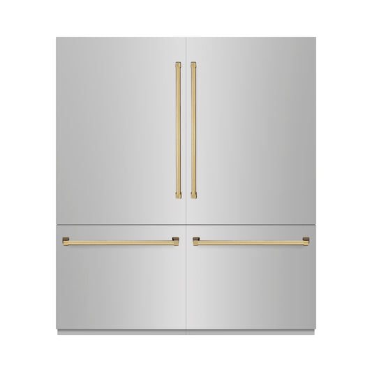 ZLINE 72 in. French Door Built-In Bottom Freezer Refrigerator 39.6 Cu. Ft. Stainless Steel Graphite Gray Interior Water Dispensers Ice Makers Polished Gold Accents (GRBITZ-304-72G)