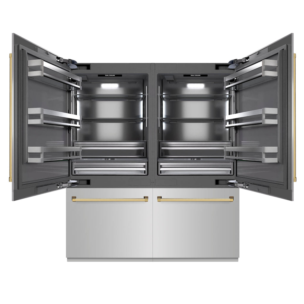 ZLINE 72 in. French Door Built-In Bottom Freezer Refrigerator 39.6 Cu. Ft. Stainless Steel Graphite Gray Interior Water Dispensers Ice Makers Polished Gold Accents (GRBITZ-304-72G)