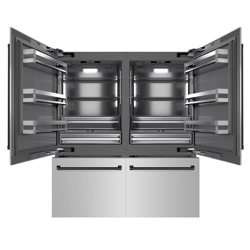 ZLINE 72 in. French Door Built-In Bottom Freezer Refrigerator 39.6 Cu. Ft. Stainless Steel Water Dispensers Ice Makers Matte Black Accents (GRBITZ-304-72MB)