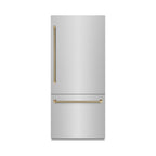 ZLINE 36 in. Built-In Bottom Freezer Refrigerator 19.8 cu. ft. Water Dispenser Ice Maker Stainless Steel Graphite Gray Interior Champagne Bronze Helix Handles (GRBITZ-30436KCB)