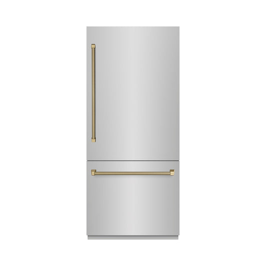 ZLINE 36 in. Built-In Bottom Freezer Refrigerator 19.8 cu. ft. Water Dispenser Ice Maker Stainless Steel Graphite Gray Interior Champagne Bronze Helix Handles (GRBITZ-30436KCB)