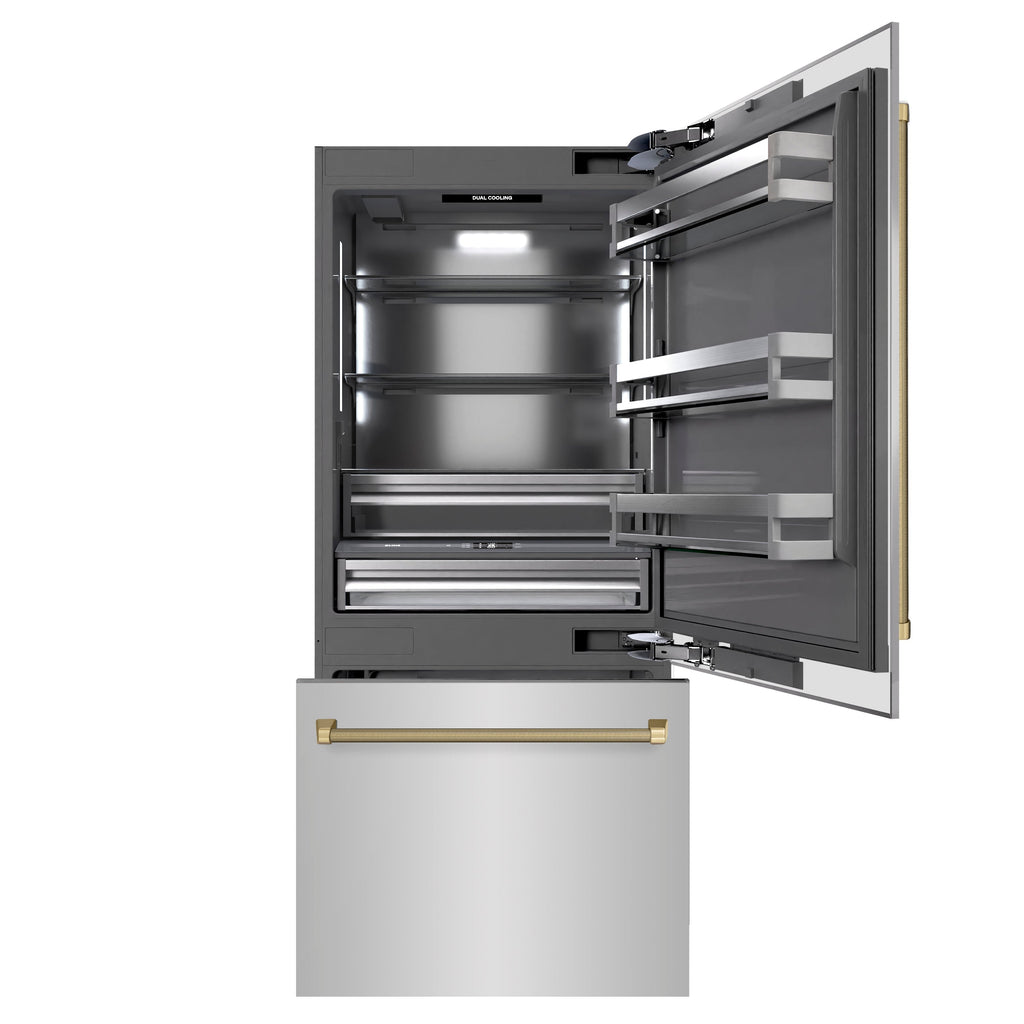 ZLINE 36 in. Built-In Bottom Freezer Refrigerator 19.8 cu. ft. Water Dispenser Ice Maker Stainless Steel Graphite Gray Interior Champagne Bronze Helix Handles (GRBITZ-30436KCB)