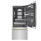 ZLINE 36 in. Built-In Bottom Freezer Refrigerator 19.8 cu. ft. Water Dispenser Ice Maker Stainless Steel Graphite Gray Interior Champagne Bronze Helix Handles (GRBITZ-30436KCB)