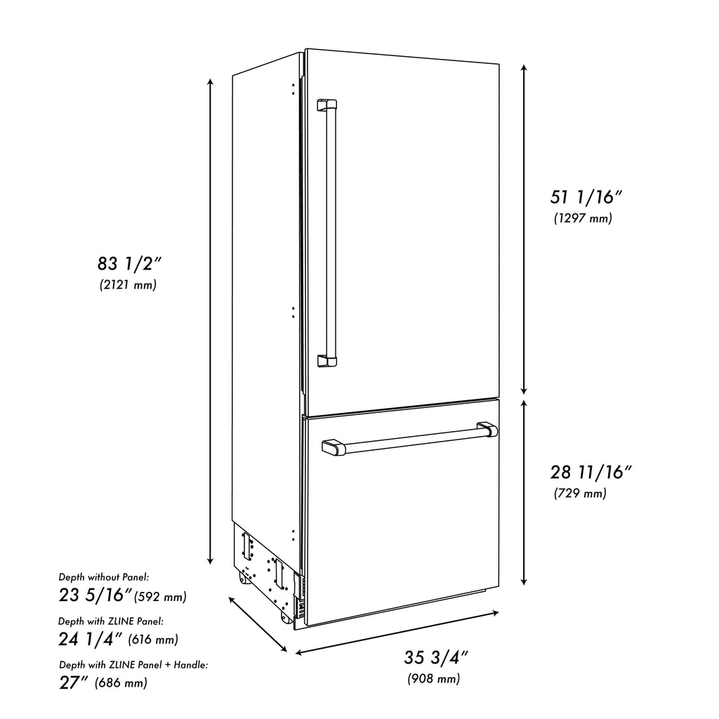 ZLINE 36 in. Built-In Bottom Freezer Refrigerator 19.8 cu. ft. Water Dispenser Ice Maker Stainless Steel Graphite Gray Interior Polished Gold Helix Handles (GRBITZ-30436KG)